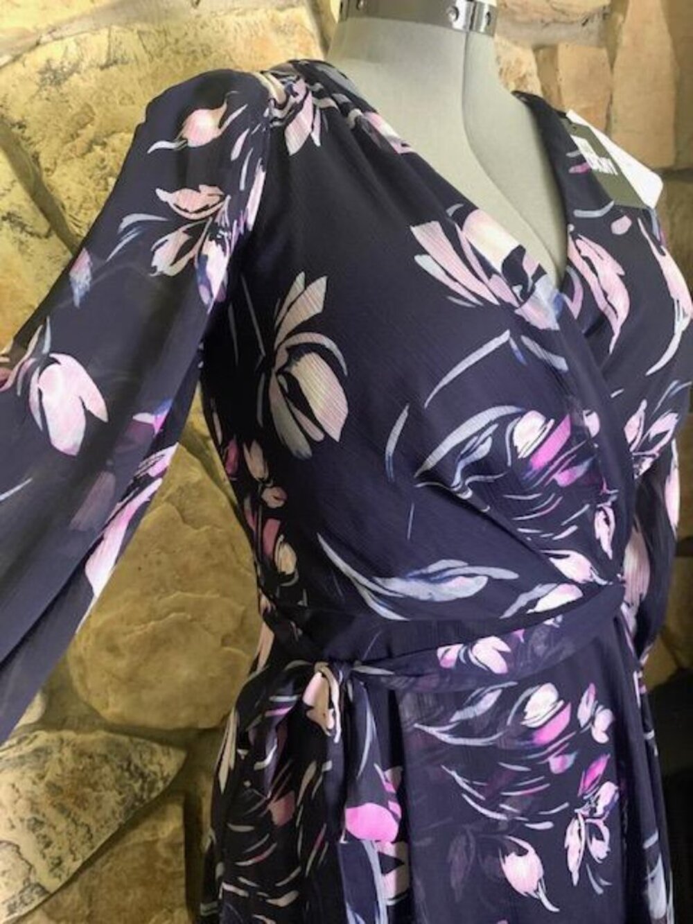 NWT DKNY Floral Chiffon Faux Wrap Midi Dress Long Balloon Sleeve Navy Rose